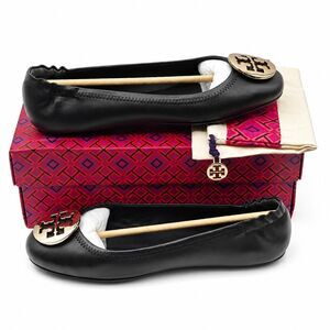 Tory Burch Minnie Travel Ballet Flats Women's 8 Black Gold Nappa Leather 50393